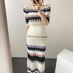 Two Piece Set Summer Hollow Out Short Sleeve Knitted Top And Women's Skirt Skirts Womens 2022 England Style Knitted Skinny