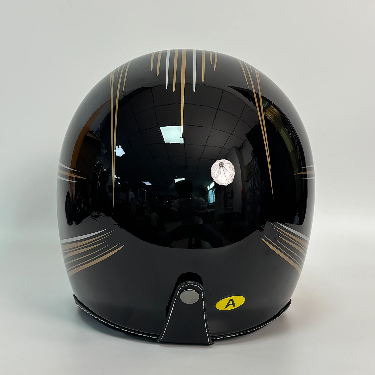 Vintage 3/4 Open Face Motorcycle Jet Helmet, Gloss Black Gold Lightning Stripe Graphic Helmet With Removable Peak Visor & Built-