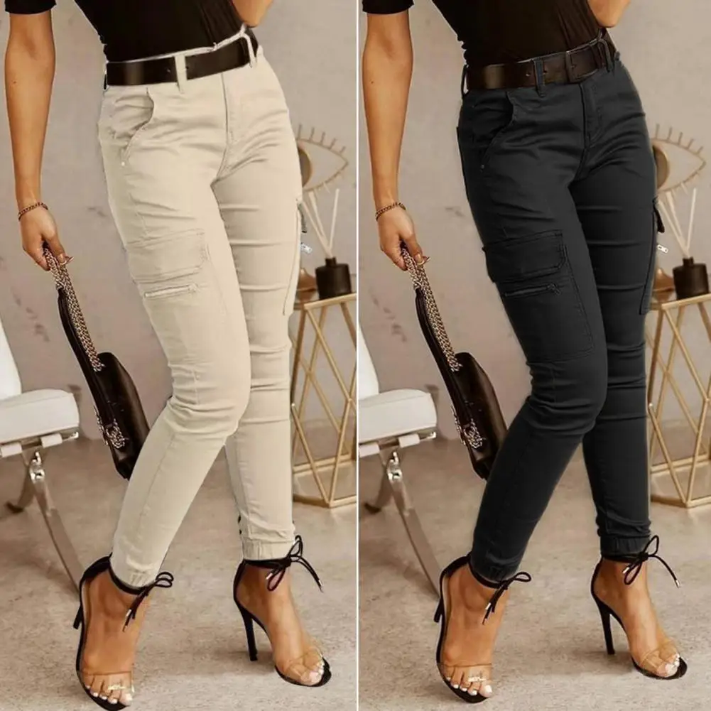 2026 New Woman Work Trousers Spring Autumn Casual Multi-Pocket Tight Foot Trousers Low-waist Button Solid Color Women's Leggings