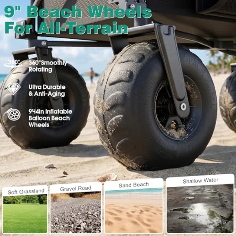 Beach wagon for sand, heavy duty folding cart with 9 balloon wheels, 300L capacity, 550LBS load, adjustable handle, collapsible