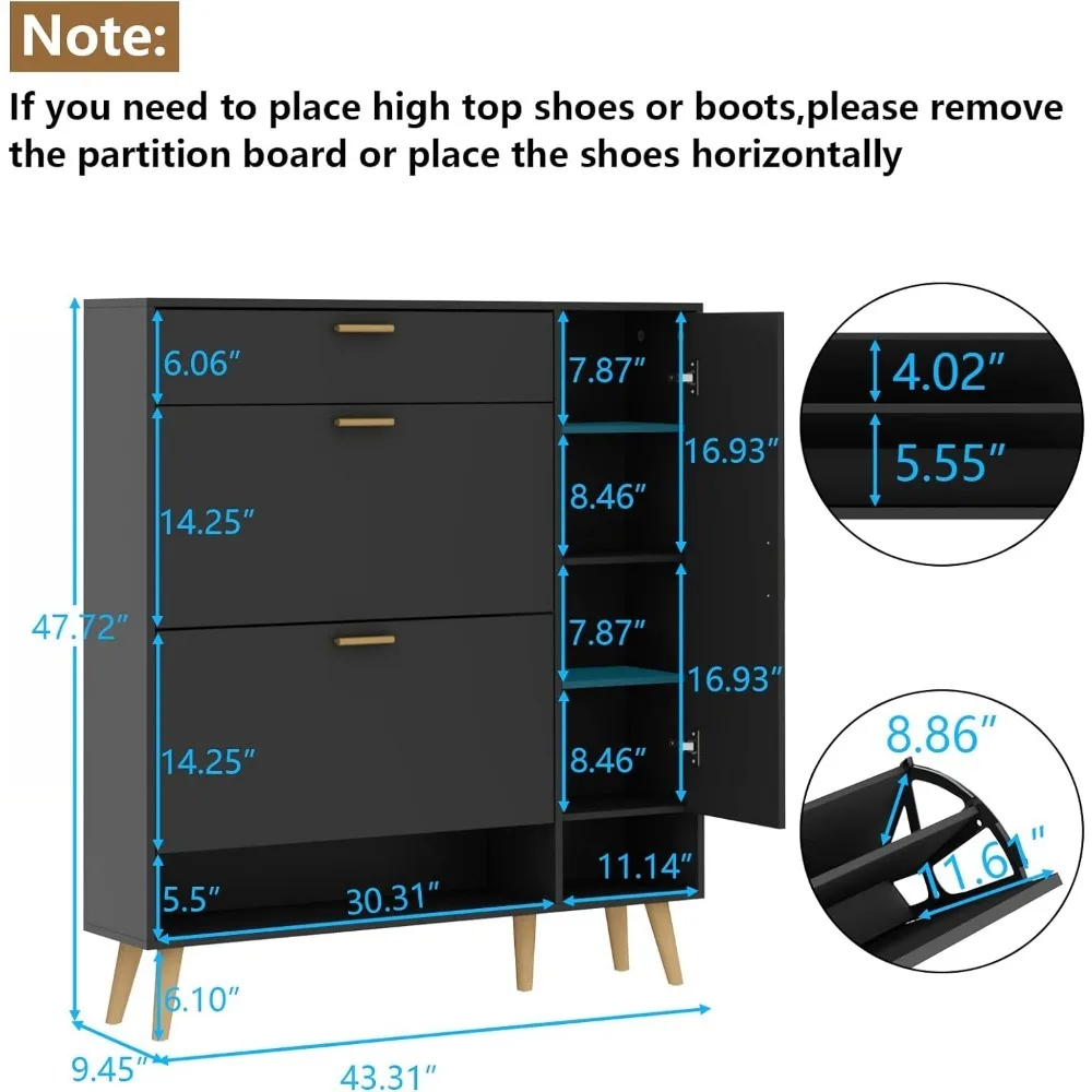 Shoe Rack Cabinet, Free Standing Shoes Storage Organizer Cabinet with 2 Flip Drawers, Entryway Narrow Shoe Rack Storage