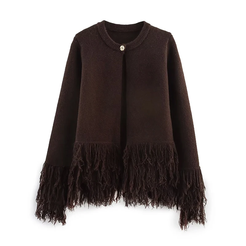 

YENKYE Single Button Fringed Knit Cardigan For Women O Neck Long Sleeve Fashion Autumn Outerwear Brown