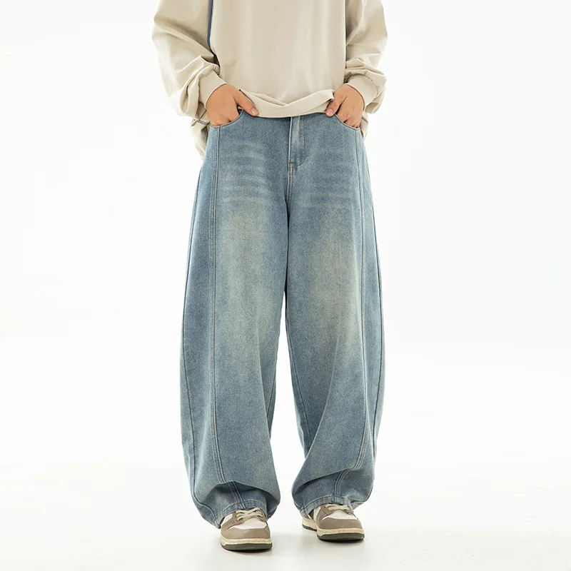 Men Jeans Distressed Jean Solid Straight Denim Full Length Pants Washed Loose Zipper Fly Vintage Pockets High Waist Spring