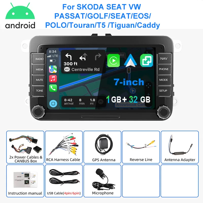 Autoradio ESSGOO Android 15 7 Inch voor VW Golf 5 6 Passat Polo 6R Touran Tiguan Caddy EOS Jetta Seat Skoda met Draadloze Carplay Android Auto GPS Navigatie RDS FM Bluetooth WIFI Stuurwielbediening