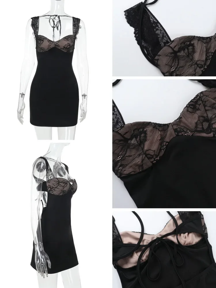 Mini abito con cinturino per spaghetti patchwork in pizzo per donna senza schienale allacciatura aderente aderente Y2K abito corto sexy abito da festa estivo