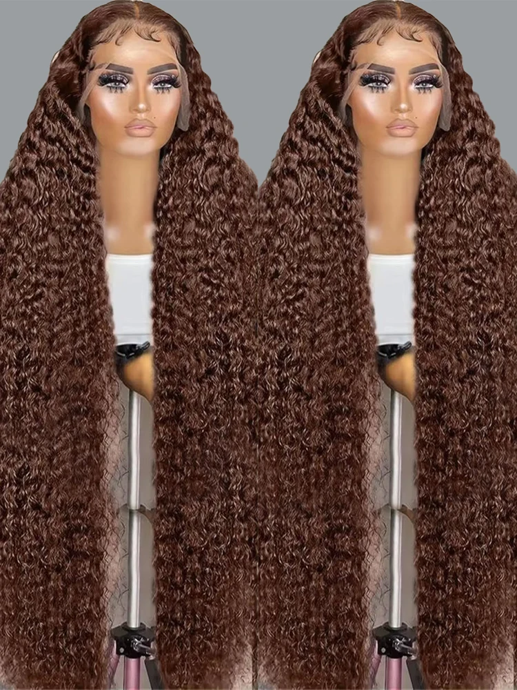 200% Chocolate Brown Deep Wave Human Hair Wig 30 34Inch Transparent Lace Frontal Wigs For Women 13x6 Lace Front Water Curly Wigs