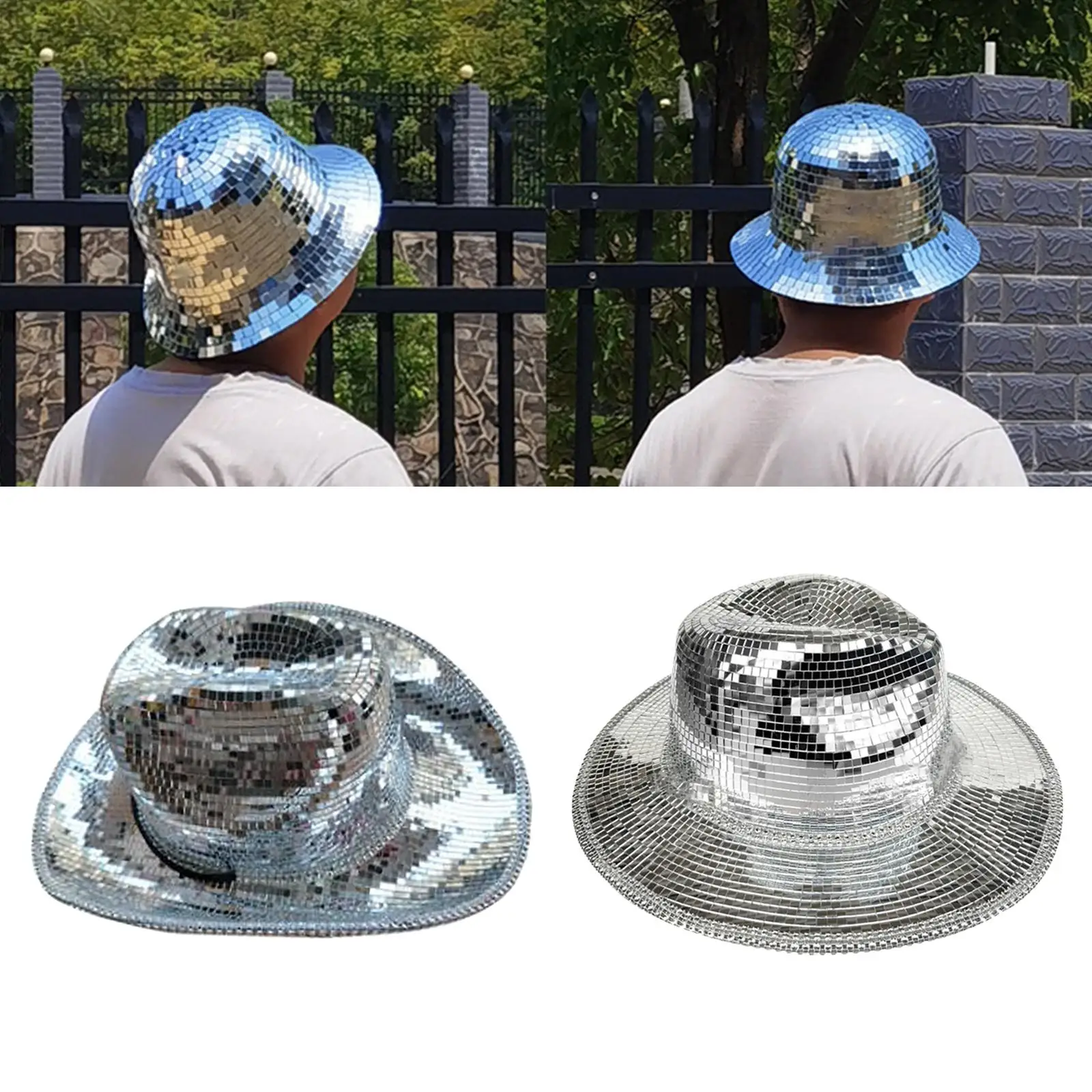 Performance Cowboy Hat Glass Sequin Mirror Cap Wide Brim for Men Women Party Disco Stage Outdoor Gift
