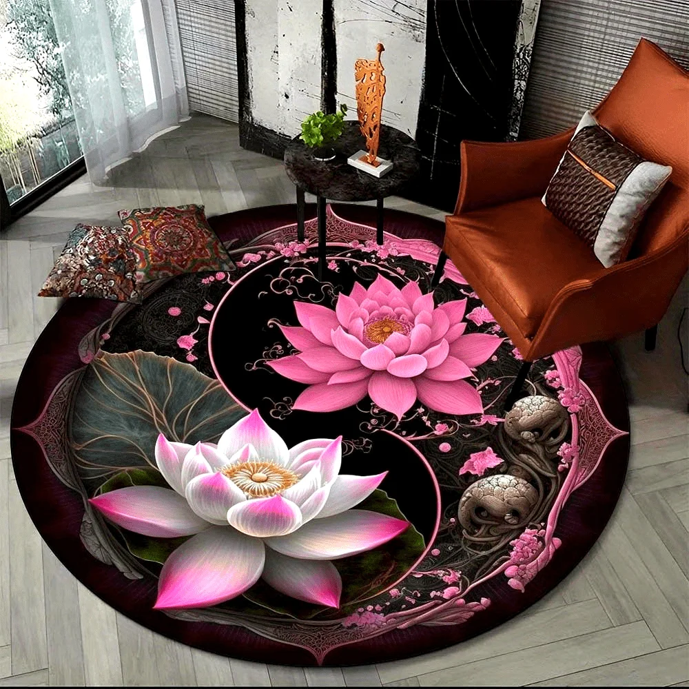 

Yin Yang Lotus Flannel Round Rug - Magic Pink Abstract Sun Decor for Living Room & Bedroom, Spiritual Home Gift