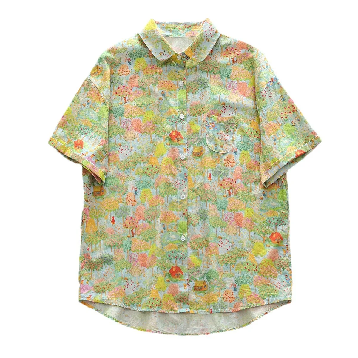 New Spring Cotton Printed Shirt Women Lapel Short Sleeve OL Commute Tops Girl Loose Casual Loose Blouses 2024 Autumn T45340QC