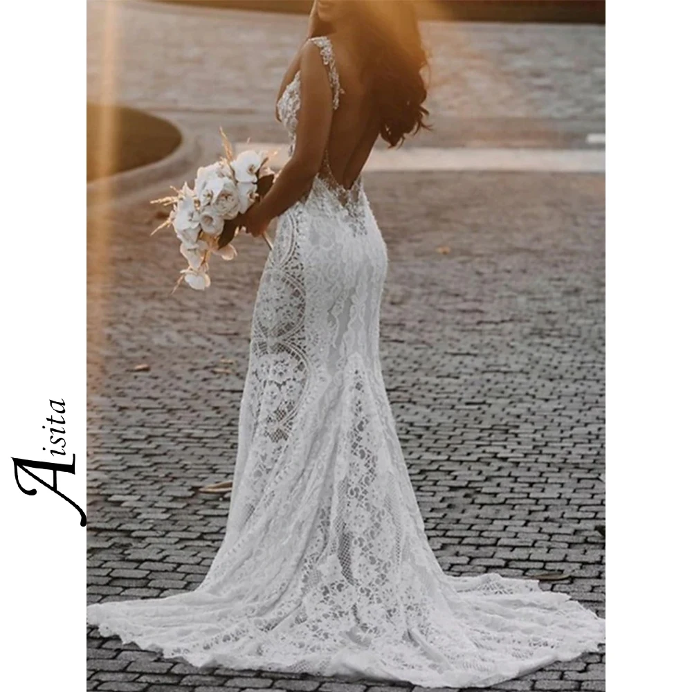 Beach Mermaid Wedding Dress V Neck Boho Sexy Womens Dresses Sleeveless Open Back Elegant and Pretty Women's Dresses Vestido