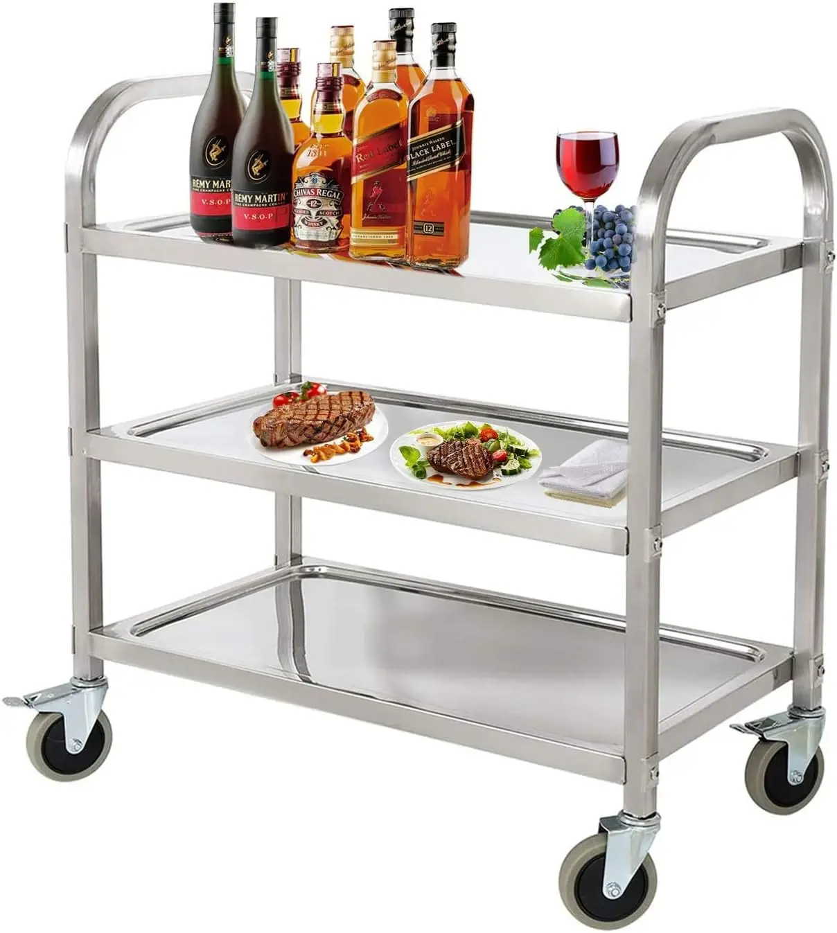 Trolley Cart 300lbs Capacity Commercial Utility Cart Serving Storage Cart with Locking Wheels for Restaurant Catering Hotel Home