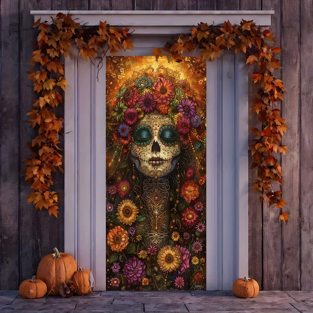 Tenda per porta con teschio floreale vintage - Design con calendula e scheletro, perfetta per l\'arredamento di Halloween e Día de Los Muertos