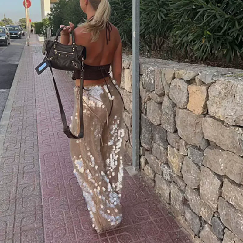 Mode décontracté couleur Pure pantalon de trajet tempérament dame élégant paillettes pantalon à jambes larges taille haute paillettes fille chaude pantalons longs