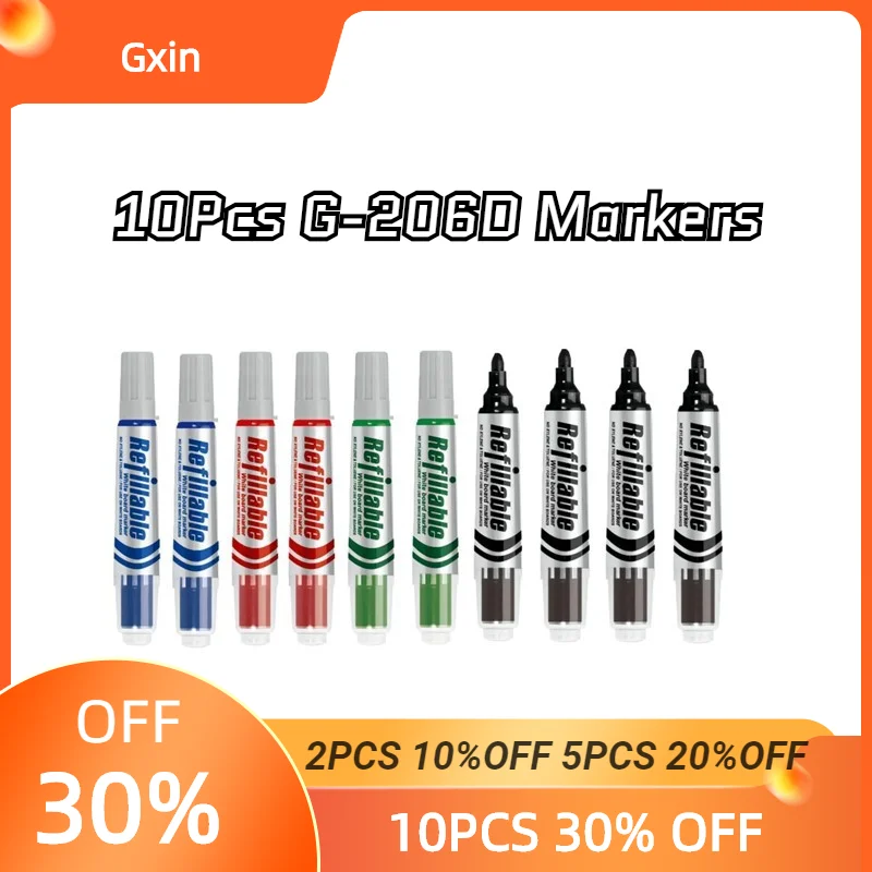 Gxin G-206D 10 Pcs Erasable Whiteboard Markers,Replaceable Refill,Fiber Tip,Water-based Ink,School MeetingSupplies