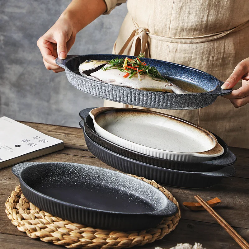 

Large Plates Creative Steamed Fish Plates Household Ceramic Tableware Japanese Tableware Packing Dishes Home Furnishings