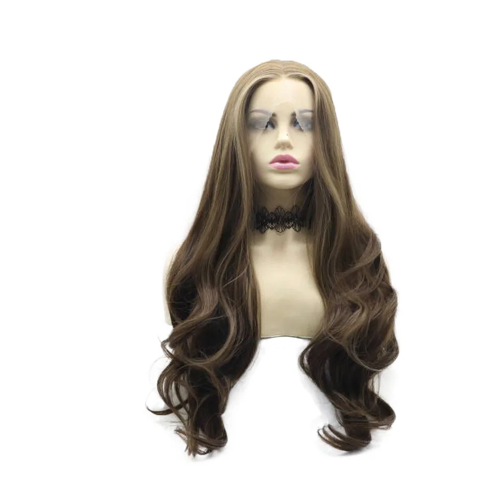 1Pcs 24inch Dark Brown Synthetic Lace Front Wig Middle Parting Hairstyle Heat Resistant Fiber Wavy Hairs For Women