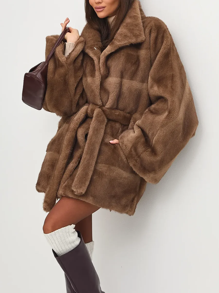 LIMO Women Faux Fur Coat Stand Collar Belted Waist Winter Warm Loose Furry Jacket Outerwear