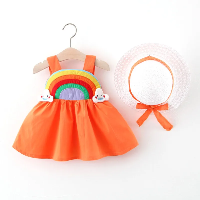 2 stücke Sommer Baby Mädchen Kleidung ärmellose Regenbogen Schlinge Kleid für Mädchen Neugeborenen Strand Kleinkind Kinder kleidung Set + Hut