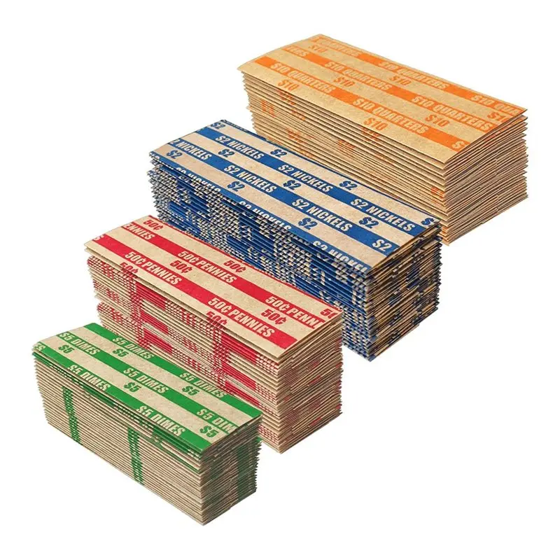 FUA@ 400Pcs Coin Wrappers, 100 Each for Quarters, Pennies, Dimes, Nickels, Assorted Striped, Standard Size