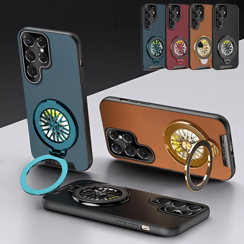 

Decompress Metal Windmill Bracket Leather Phone Case For Samsung S25 Ultra Soft Bumper Shockproof Cover For Galaxy S24 S23 Ultra