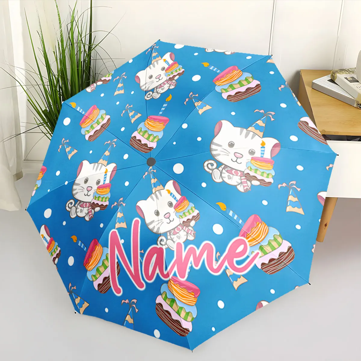 Custom Name Umbrella Bright Cartoon Cat and Cake-themed Umbrella Print 8 Iron Ribs Folding Umbrella Auto-Open Fashion Sunshade