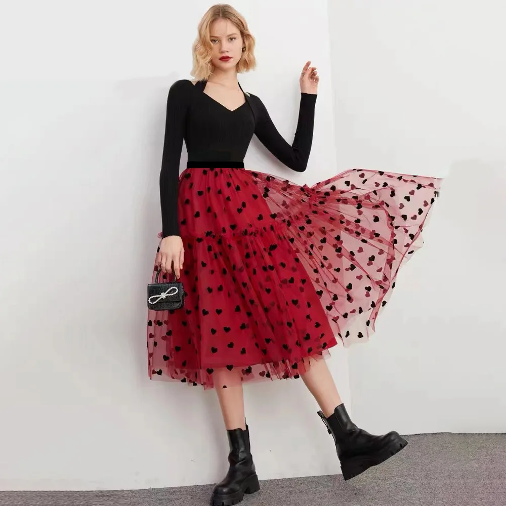 High Waist Flocking Heart Skirt Solid Color Pleated Mesh Skirt A-line Long Skirt with Elegant Temperament Petticoat Underskirt