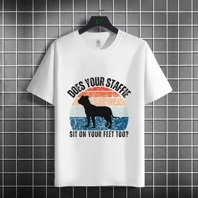 Funny Staffy Dad Graphic T-shirt with Staffordshire Bull Terrier Silhouette and Paw Desgin Short Sleeve Round Neck Casual Tshirt