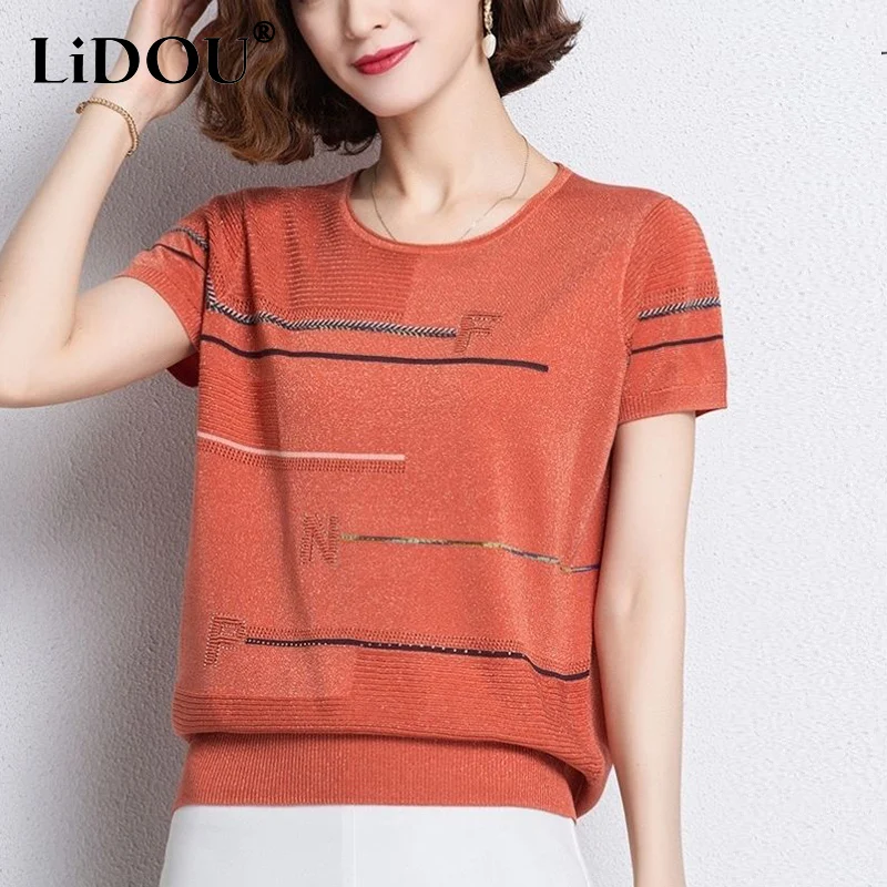 summer fashion sequins patchwork loose casual knitting tee women short sleeve oversized pullover top female all-match t-shirt