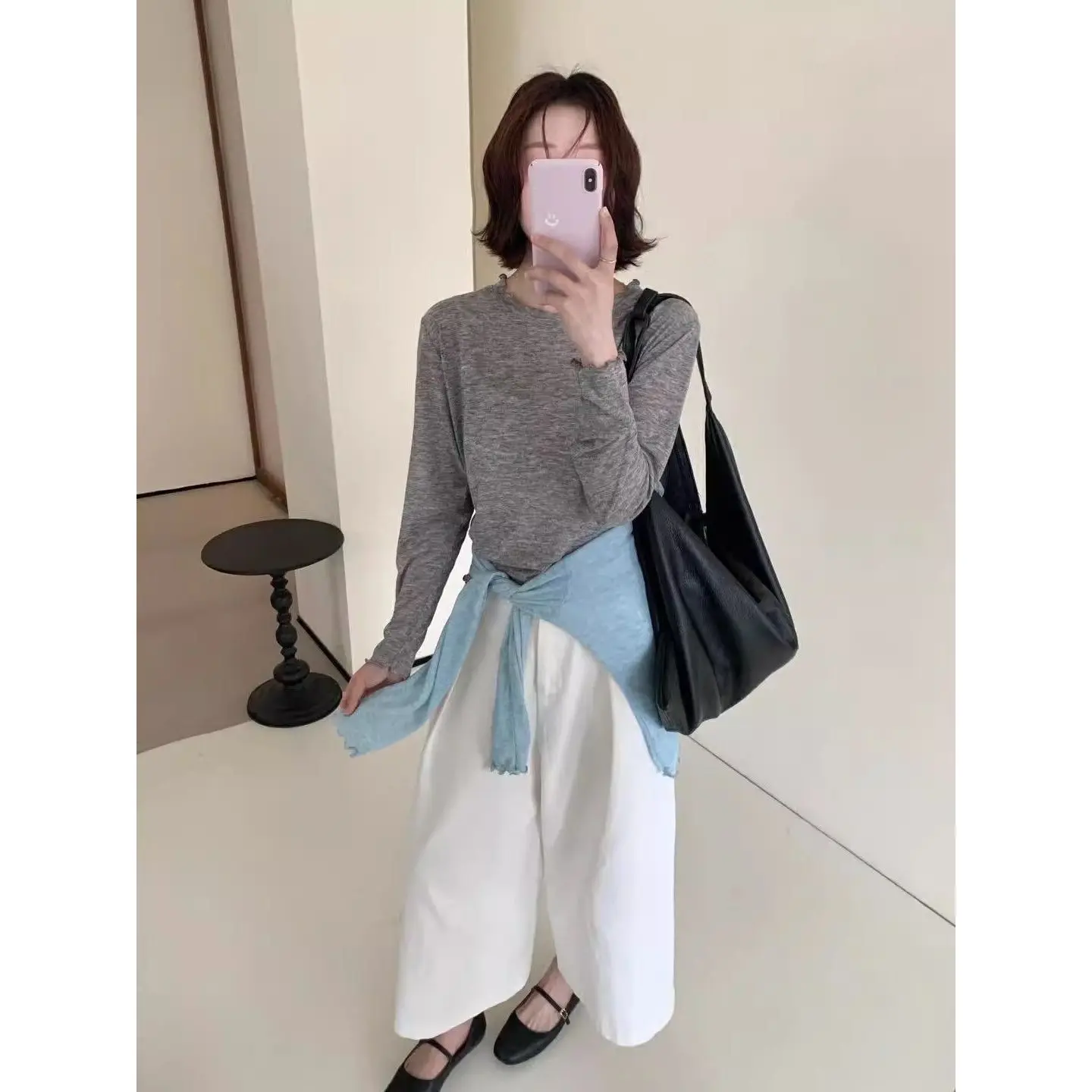 Soft Gentle Korean Style Long Sleeve Lightweight Skin-friendly Wooden  T-shirt Pure Color Base Layer Shirt Women's Top