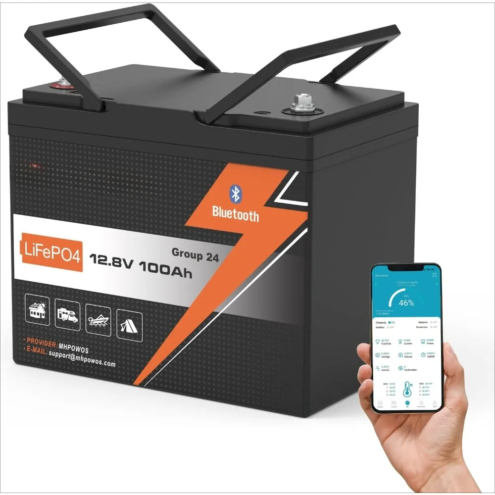 

12V 100Ah LiFePO4 Battery (Group 24) with Bluetooth, EV-Grade Cells Lithium Batteries, Max.15000 Deep Cycle,Smart 100A BMS