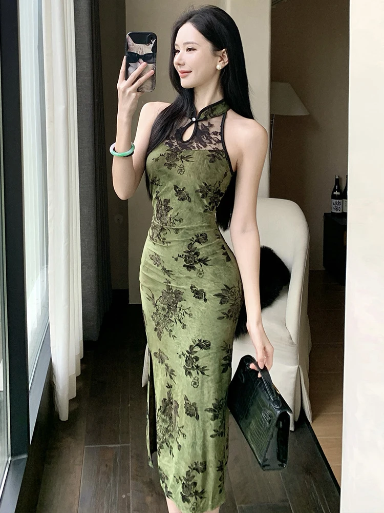 

Retro Sexy Velvet Print Lace Insert Qipao Dr High Waist Asymmetrical Hem Slimming Mid-Length Women's Faion Dr