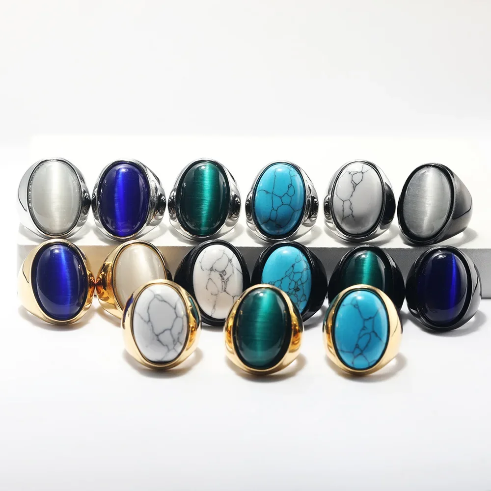 CHUANGCHENG Trend Multi-color Oval Gemstone Men's Stainless Steel Ring Size 7-13