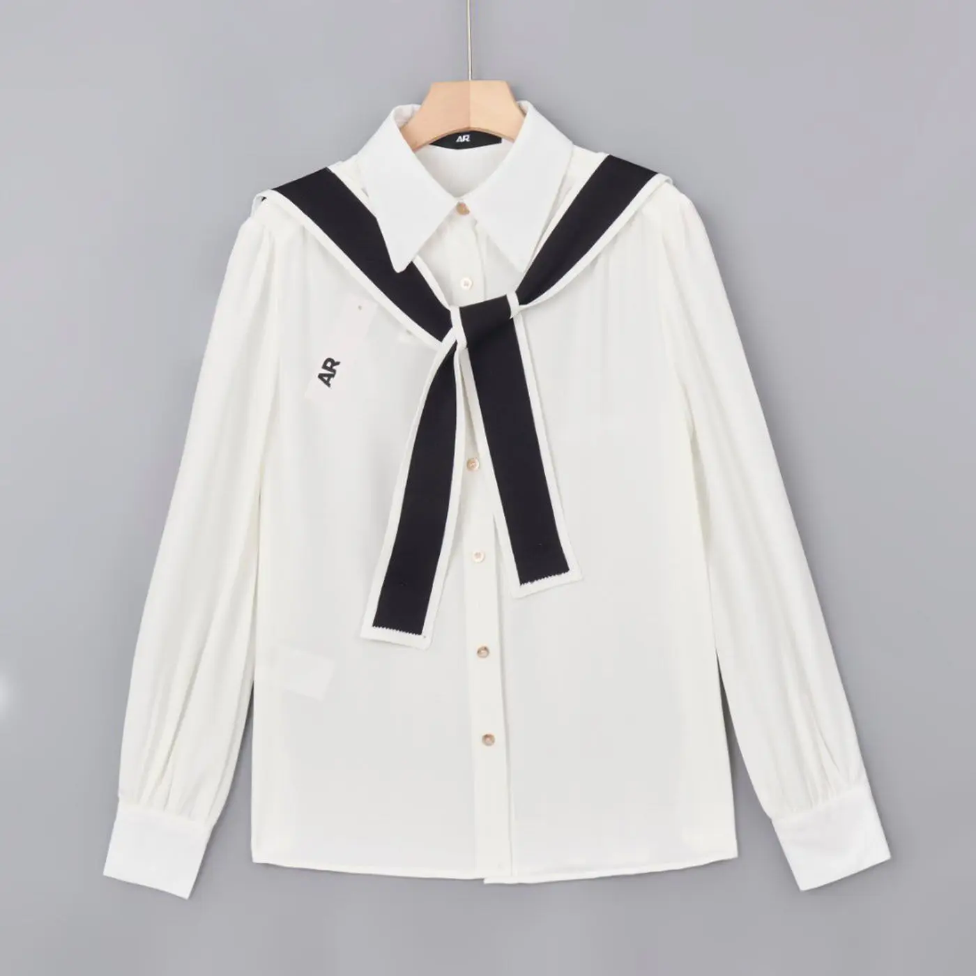American Style Kell Weave Belt Shoulder White Shirt Breathable Long Sleeve Flip Collar Women's Fashion Spring Collection