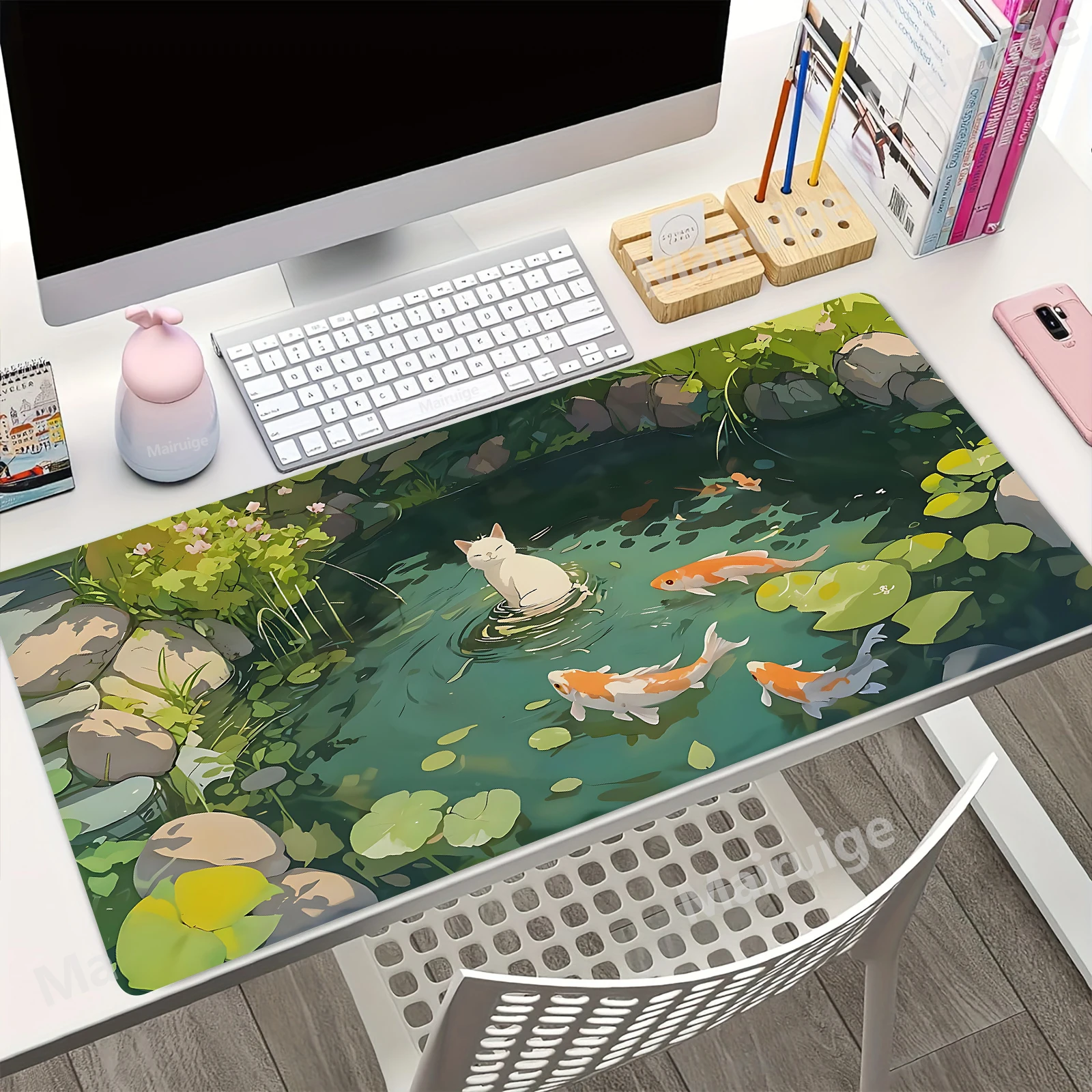 Cute Cartoon Cat Fish Mouse Pad Green Large Computer Keyboard Pads Natural Rubber Anti-Slip HD Gaming Mousepads Long Desk Mat