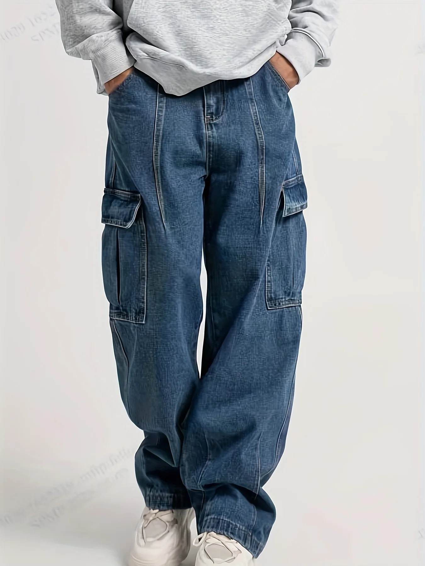 メンズカジュアルジーンズ、四季の新しいアメリカンレトロルーズワークウェア、マルチポケットジーンズ