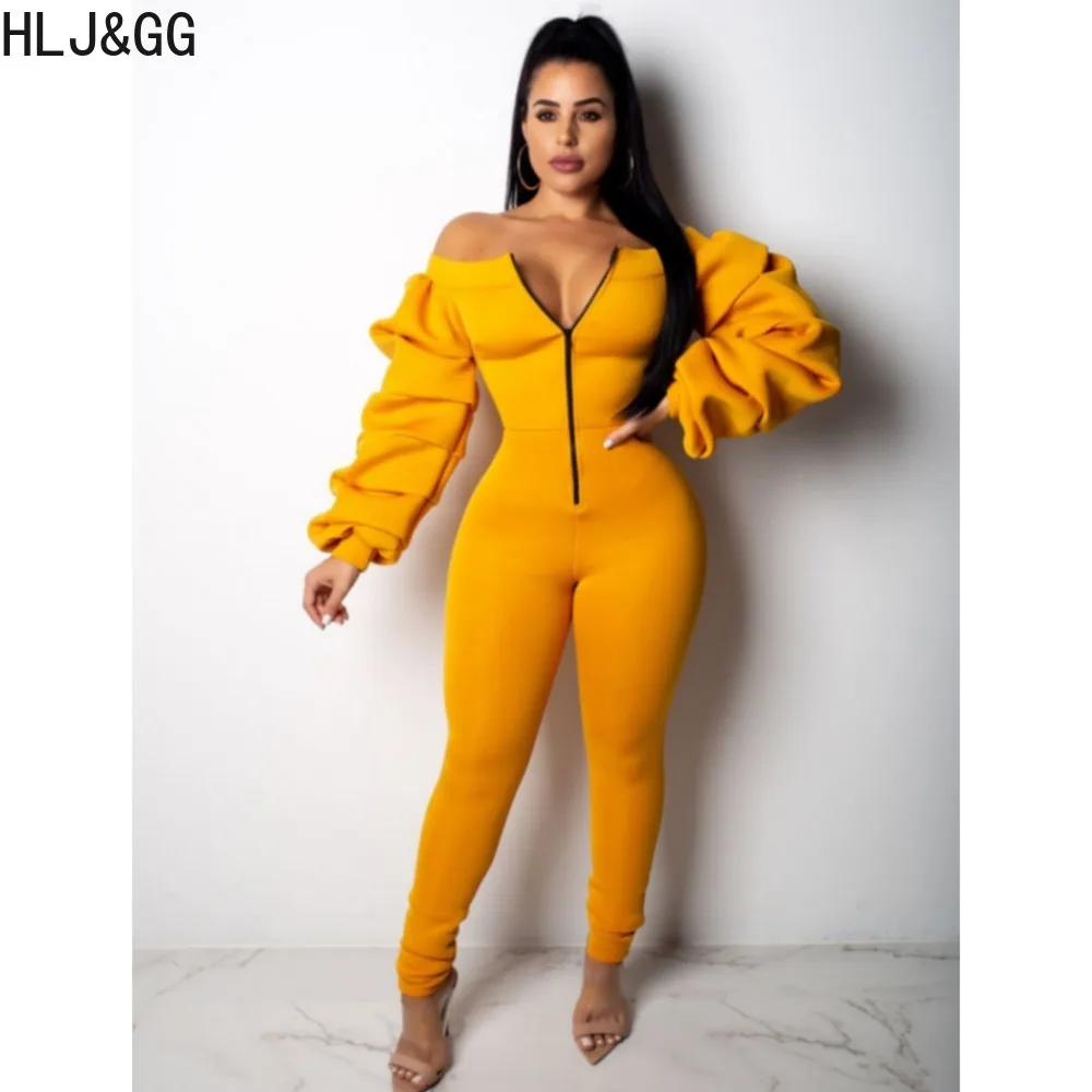 

HLJ&GG Sexy Off Shoulder Stacked Sleeve Outfits Women Zipper Slim Top And Skinny Pants Two Piece Sets Female 2pcs Streetwear New