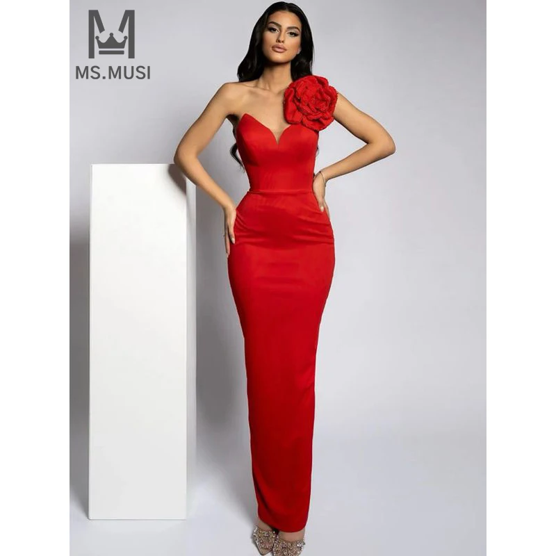 

MSMUSI 2024 New Fashion Women Sexy One Shoulder Floral V Neck Sleeveless Backless Bodycon Party Club Event Slim Maxi Dress Gown