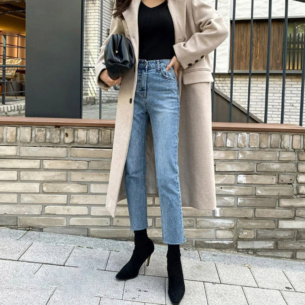 

Женские прямые джинсы, осень 2024, миниатюрные брюки до щиколотки с высокой талией | Похудение и удлинение похудения