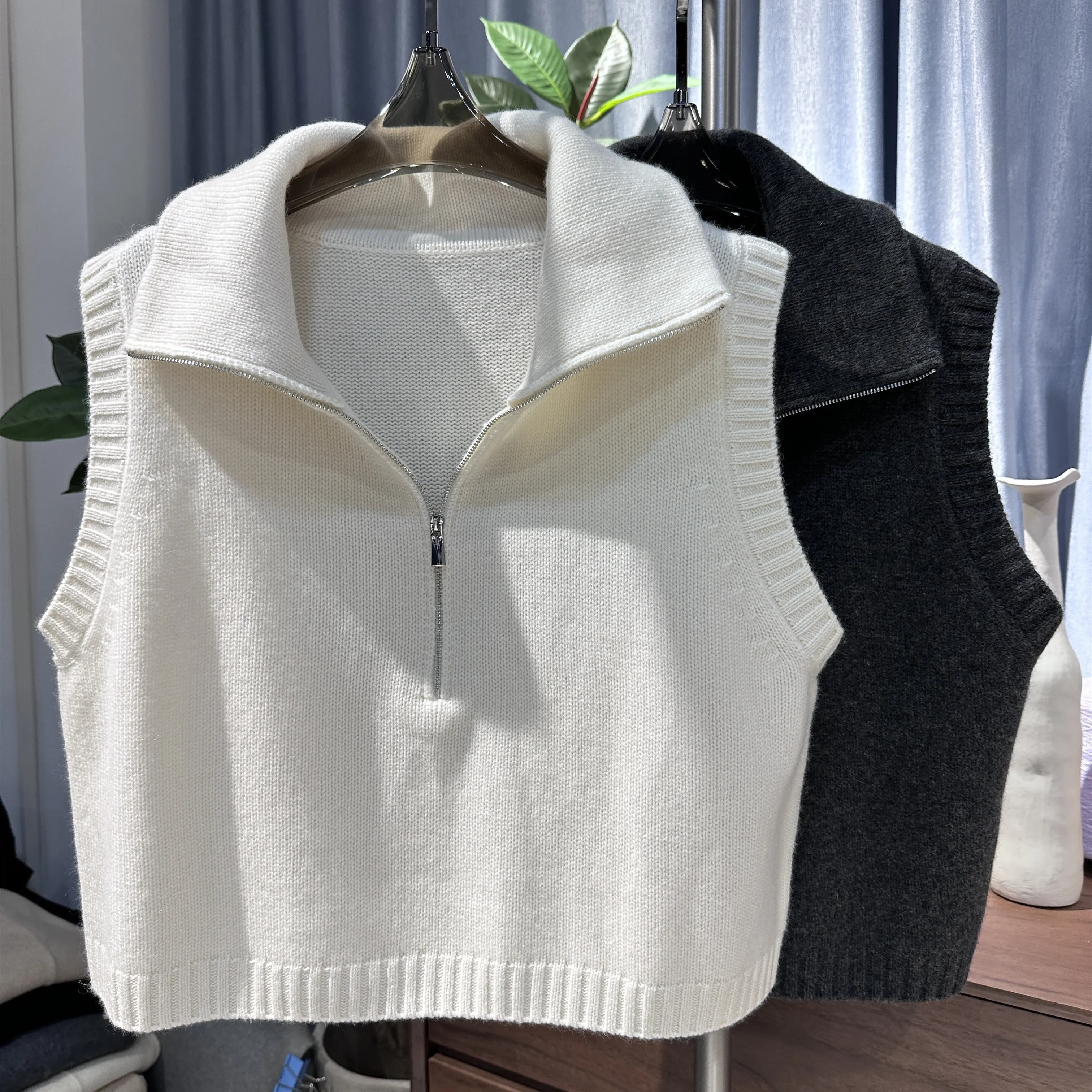 ATTYYWS maglione senza maniche lavorato a maglia da donna, corto, 100% lana, colletto ribaltabile, tendenza moda, gilet pullover da donna di vendita