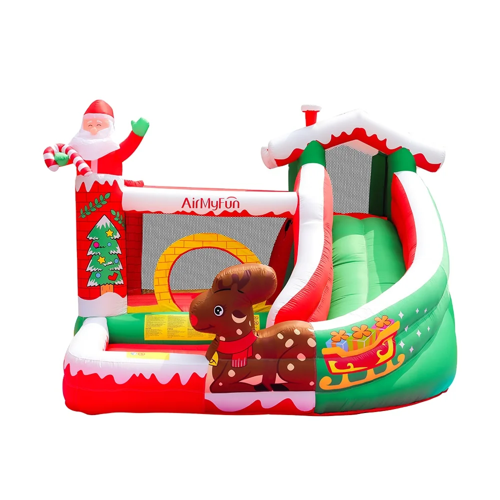 

AirMyFun Christmas Inflatable Bounce House Snow House Santa Claus Bounce Castle With Air Blower Jumping Slide With Ball Pit