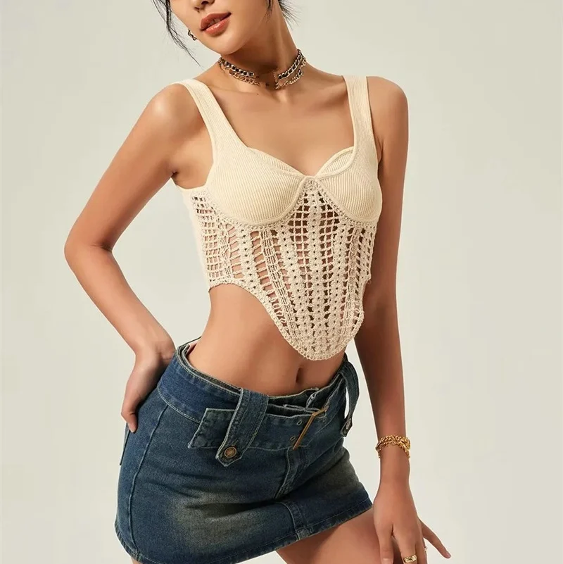 

Sexy Knitted Hollow Strap Vest Woman Sleeveless Crop Top Women Solid Slim Short Tops Summer High Street Wear Streetwear