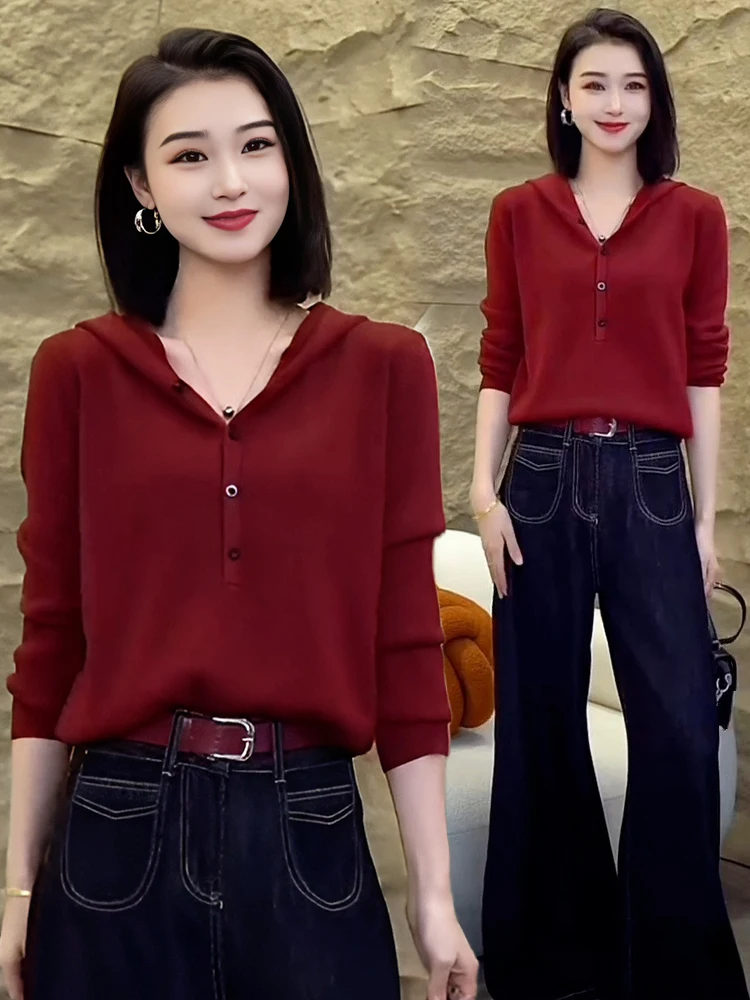 

Chic Korean Sle Long Sve Knitted Sweater Women's Faionable Streetwear Advanced Ele Large Size Hooded Top