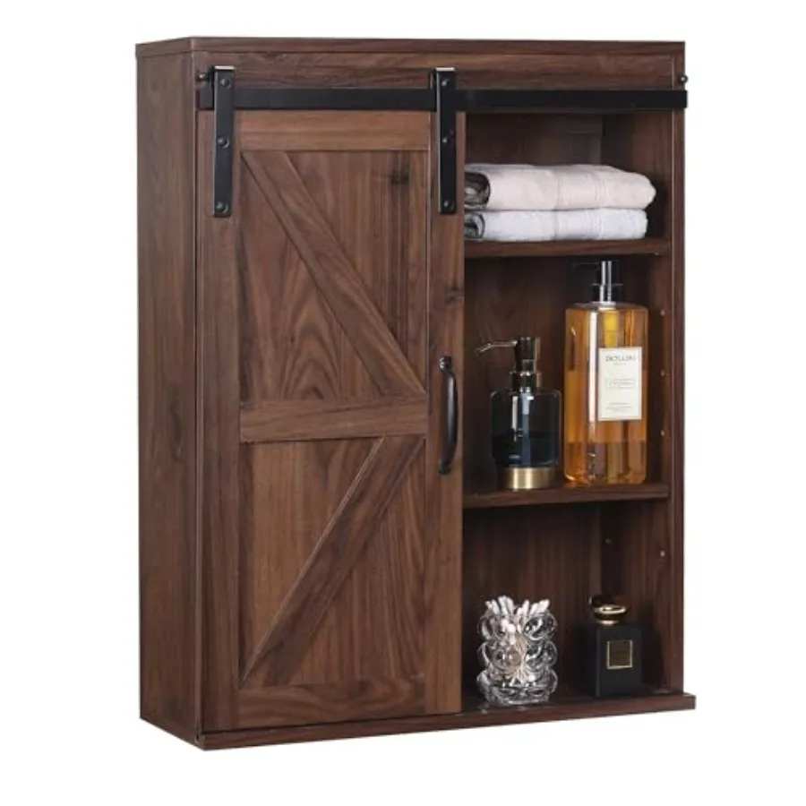 

Farmhouse Wood Wall Storage Bathroom Cabinet with Sliding Barn Door Rustic Medicine Cabinet with Adjustable Shelf 3-Tier Vintag