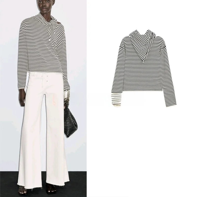 Nowa Kolekcja Wczesna Jesień Damska Dzianinowa Długa Bluza Bawełniana w Paski Miękka Przyjazna dla Skóry Marynarska Codzienna Chusta 5633575