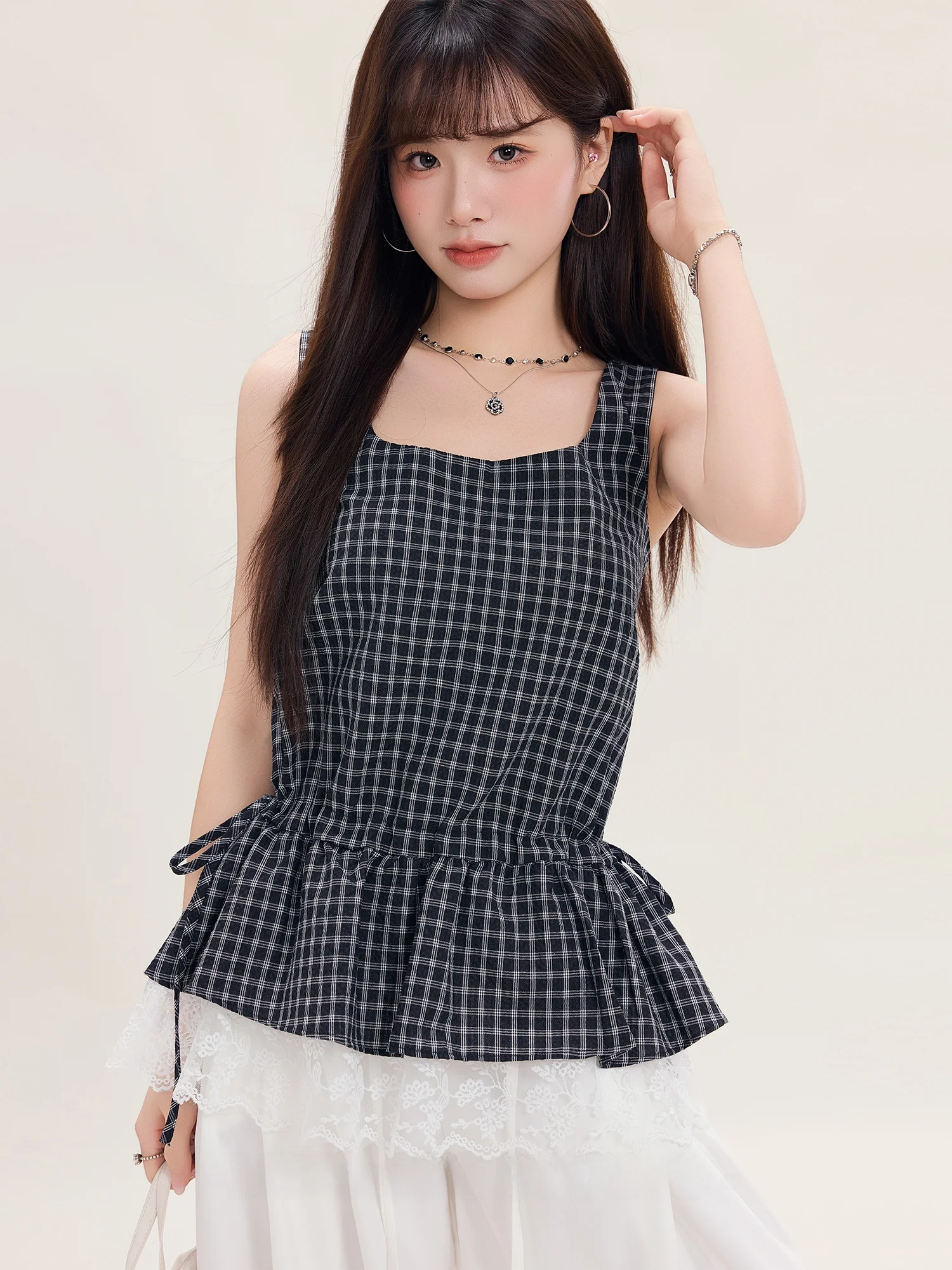 

Summer Slimming Lace Trimmed Plaid Strap Vest Women's Design Sensation Belted Top Fake Two-Piece Casual Wear Daily Wear