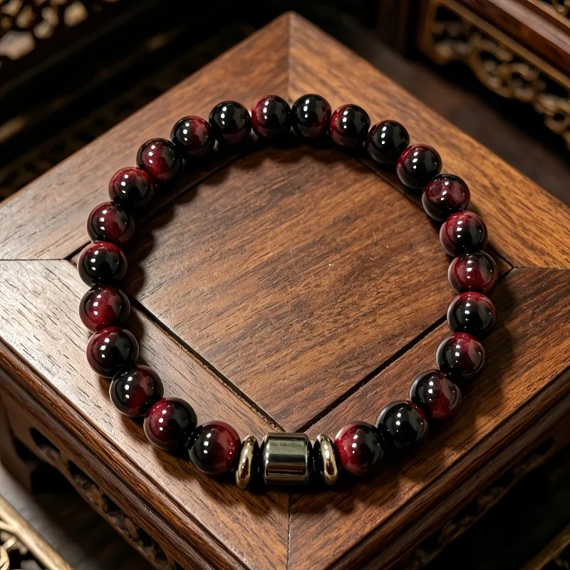 1PC Unisex Elastic Bracelet - Synthetic Red Tiger Eye & Black Stone Drum Beads, Daily Wear, Gift for Family & Friends