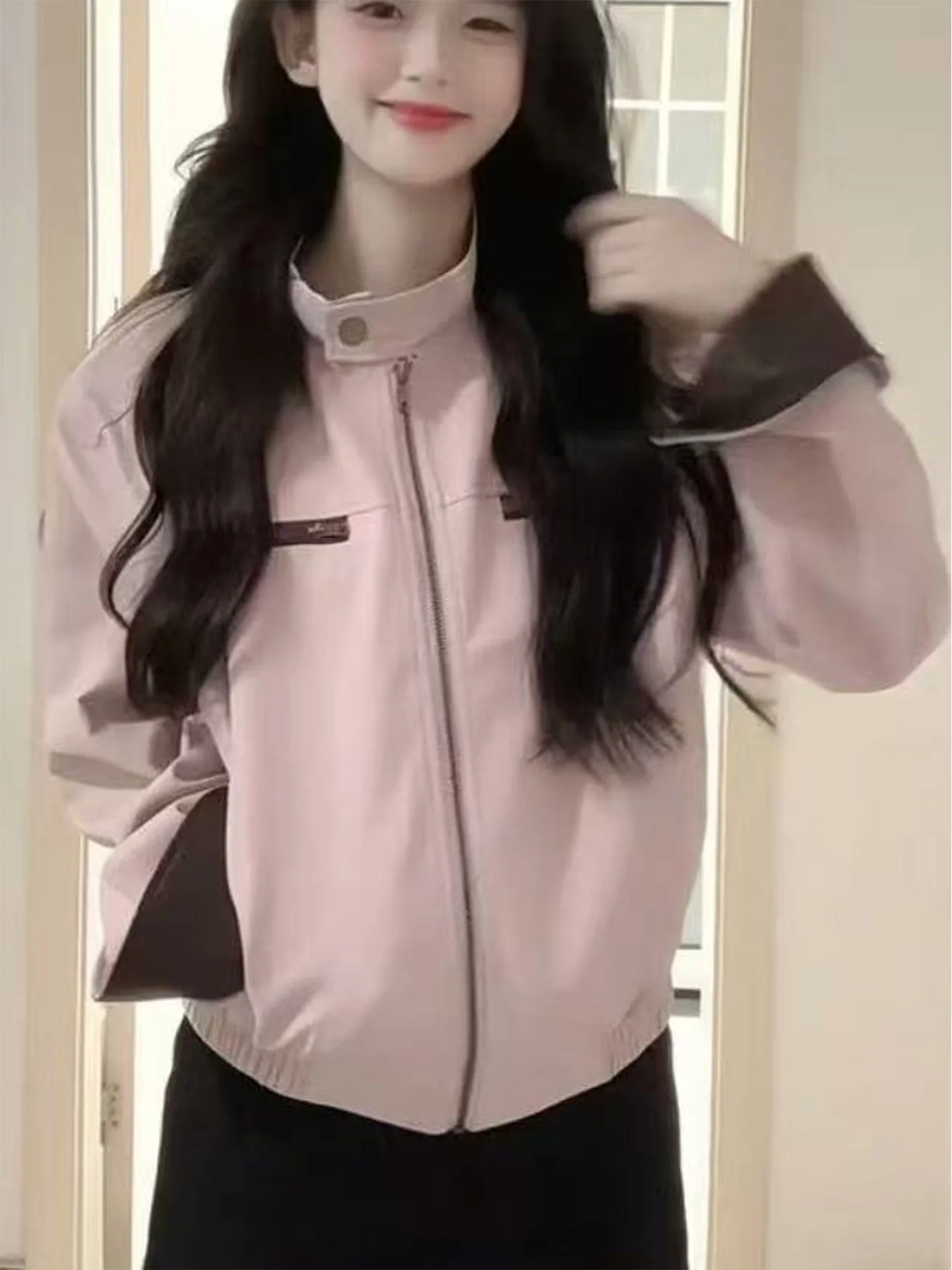 Giacca in pelle rosa da donna, casual, unica, stile coreano, per il tempo libero, con chiusura a cerniera lunga e maniche regolari