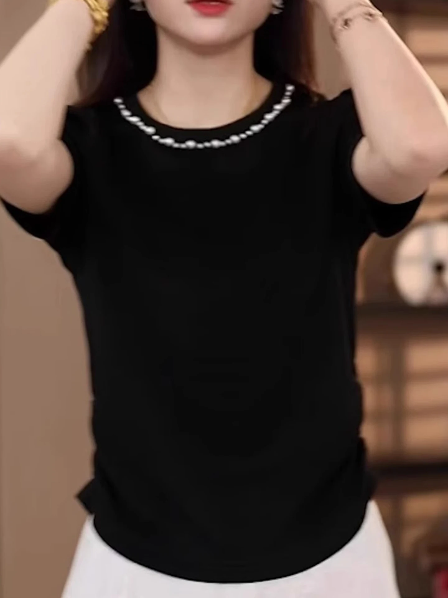 Cseta de Manga Curta com Decote Redondo e Design E em Cor Sólida, Sensação de Verão 2025, Estilo de Trabalho, Cs...