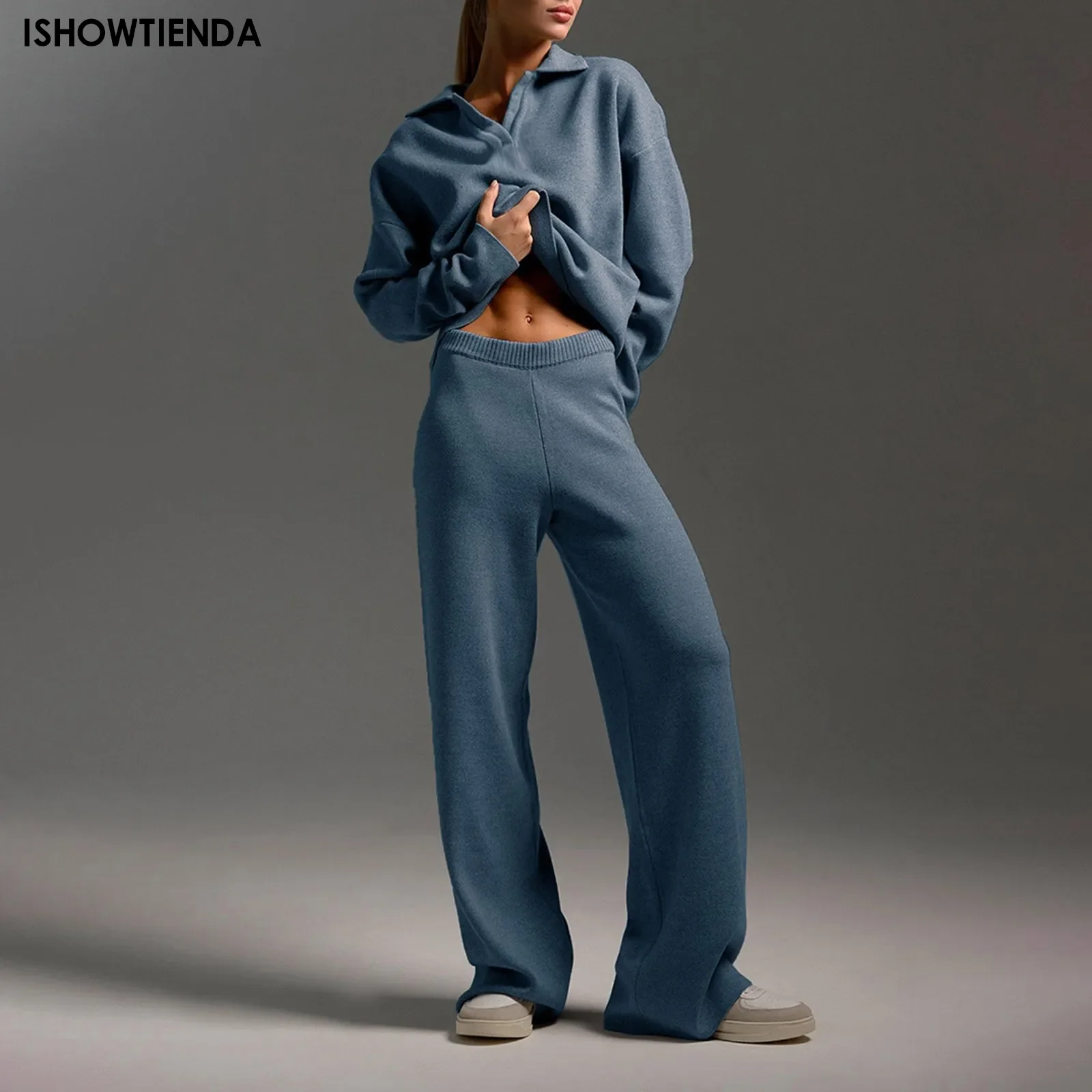 

Two Piece Set Pullover Sweater Knit Tracksuit Women High Waist Wide Leg Straight Pants Suit Harajuku Spring Autumn Clothes