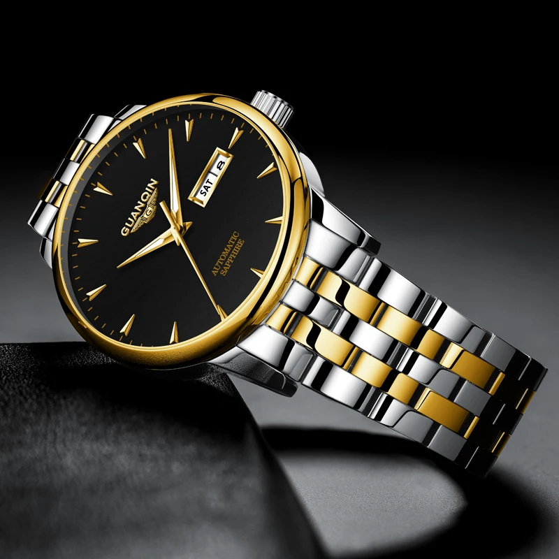 GUANQIN Men's Watches Automatic Mechanical Calendar Week Display Stainless Steel Strap Business Leisure Waterproof WristWatch